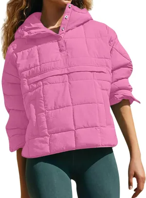 Quilted Jackets for Women Winter Button Hooded Puffer Pullover Jacket Lightweight Down Coats Outerwear with Pockets