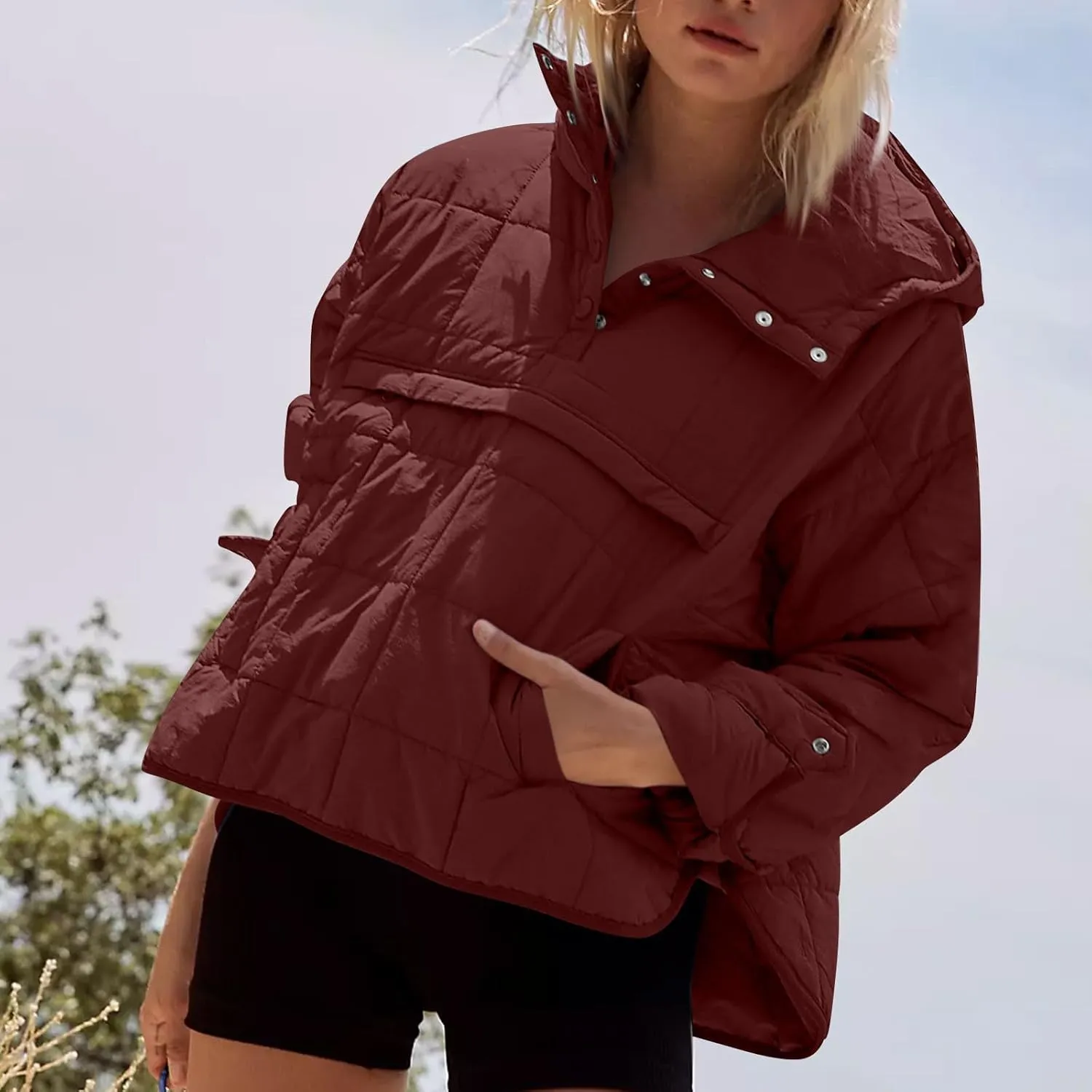 Quilted Jackets for Women Winter Button Hooded Puffer Pullover Jacket Lightweight Down Coats Outerwear with Pockets