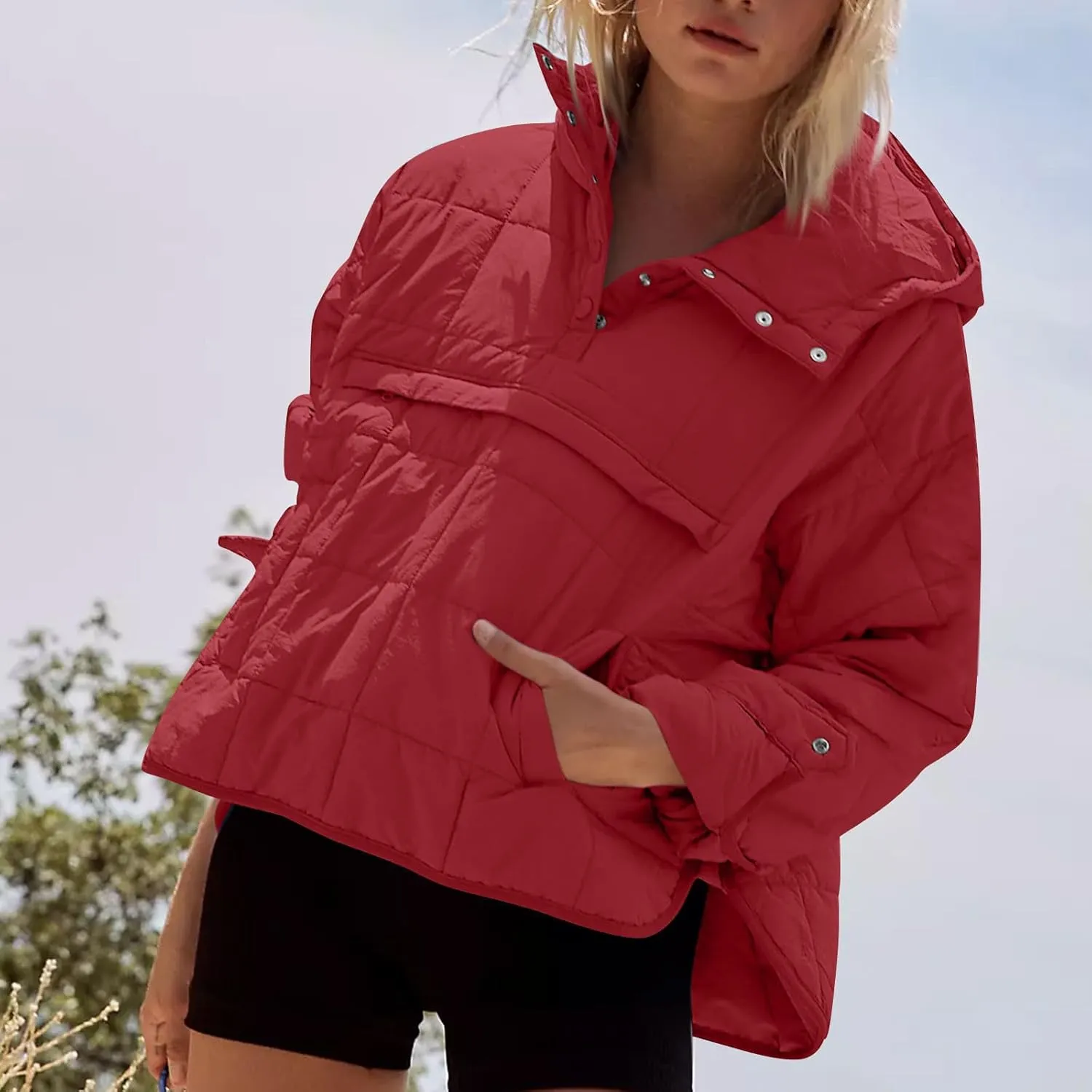 Quilted Jackets for Women Winter Button Hooded Puffer Pullover Jacket Lightweight Down Coats Outerwear with Pockets
