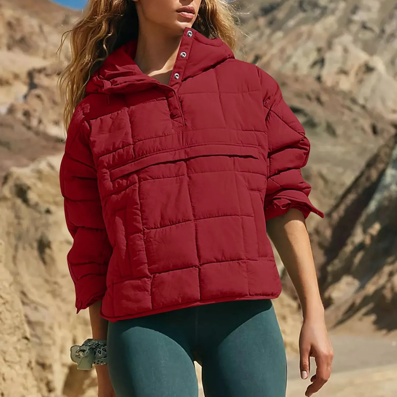 Quilted Jackets for Women Winter Button Hooded Puffer Pullover Jacket Lightweight Down Coats Outerwear with Pockets