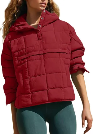 Quilted Jackets for Women Winter Button Hooded Puffer Pullover Jacket Lightweight Down Coats Outerwear with Pockets