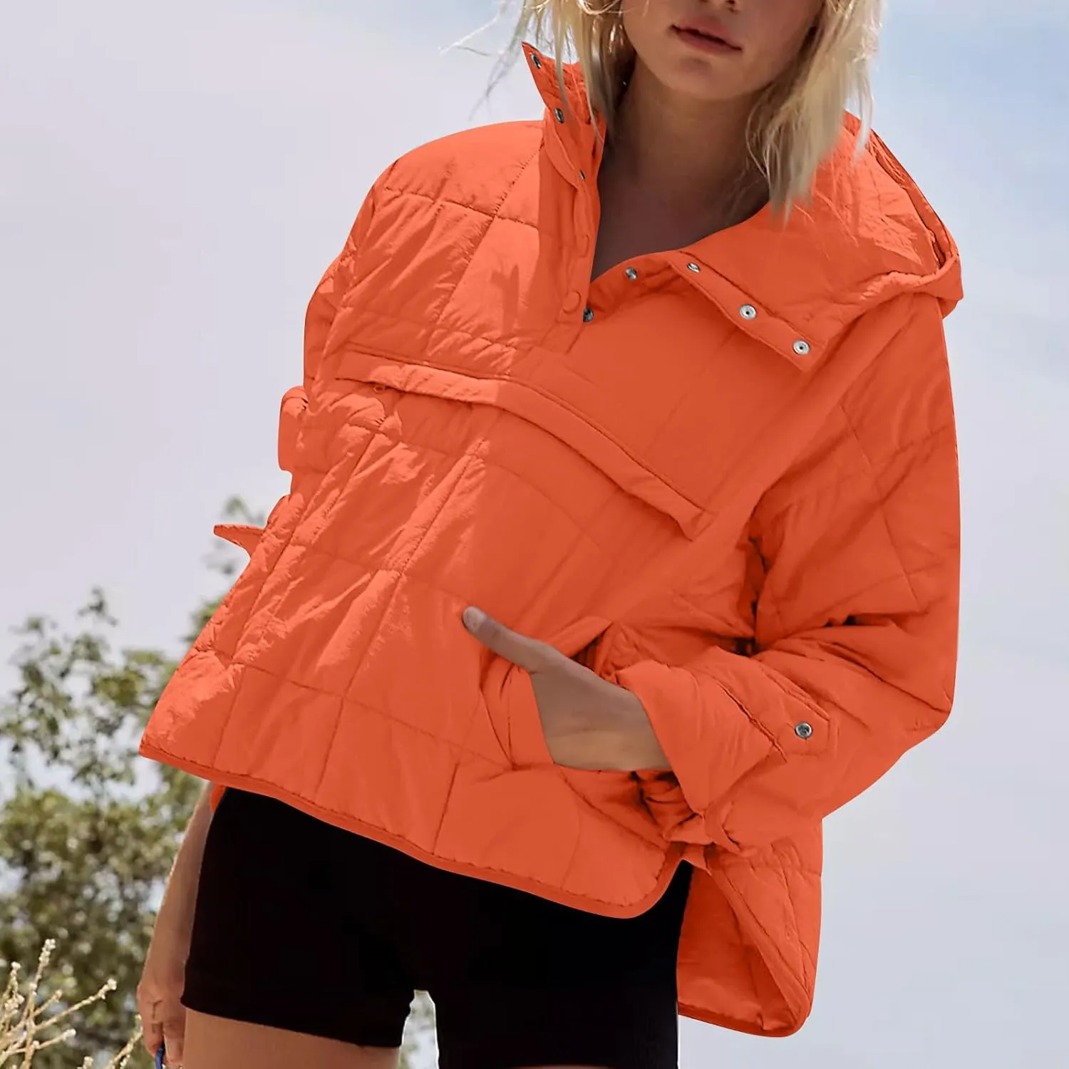 Quilted Jackets for Women Winter Button Hooded Puffer Pullover Jacket Lightweight Down Coats Outerwear with Pockets