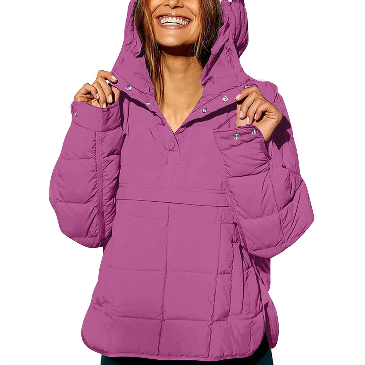 Quilted Jackets for Women Winter Button Hooded Puffer Pullover Jacket Lightweight Down Coats Outerwear with Pockets
