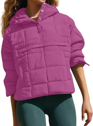 Quilted Jackets for Women Winter Button Hooded Puffer Pullover Jacket Lightweight Down Coats Outerwear with Pockets