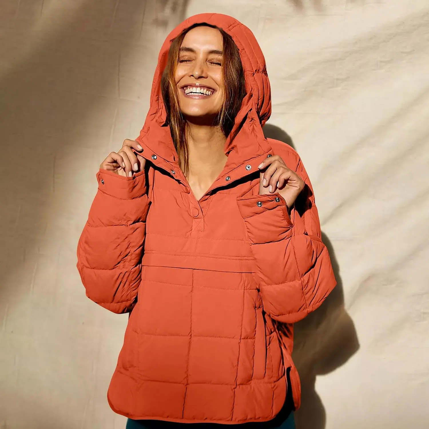 Quilted Jackets for Women Winter Button Hooded Puffer Pullover Jacket Lightweight Down Coats Outerwear with Pockets