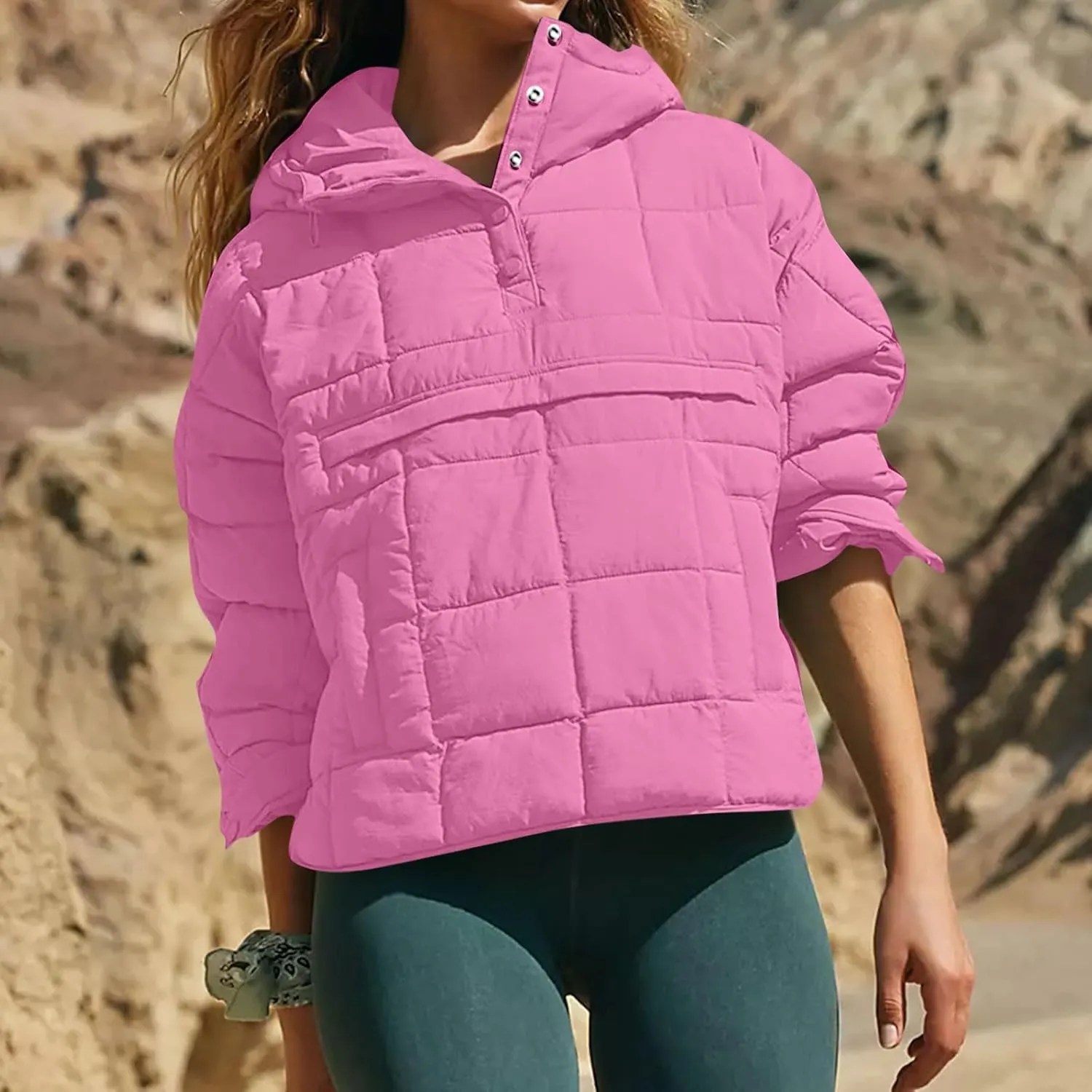 Quilted Jackets for Women Winter Button Hooded Puffer Pullover Jacket Lightweight Down Coats Outerwear with Pockets