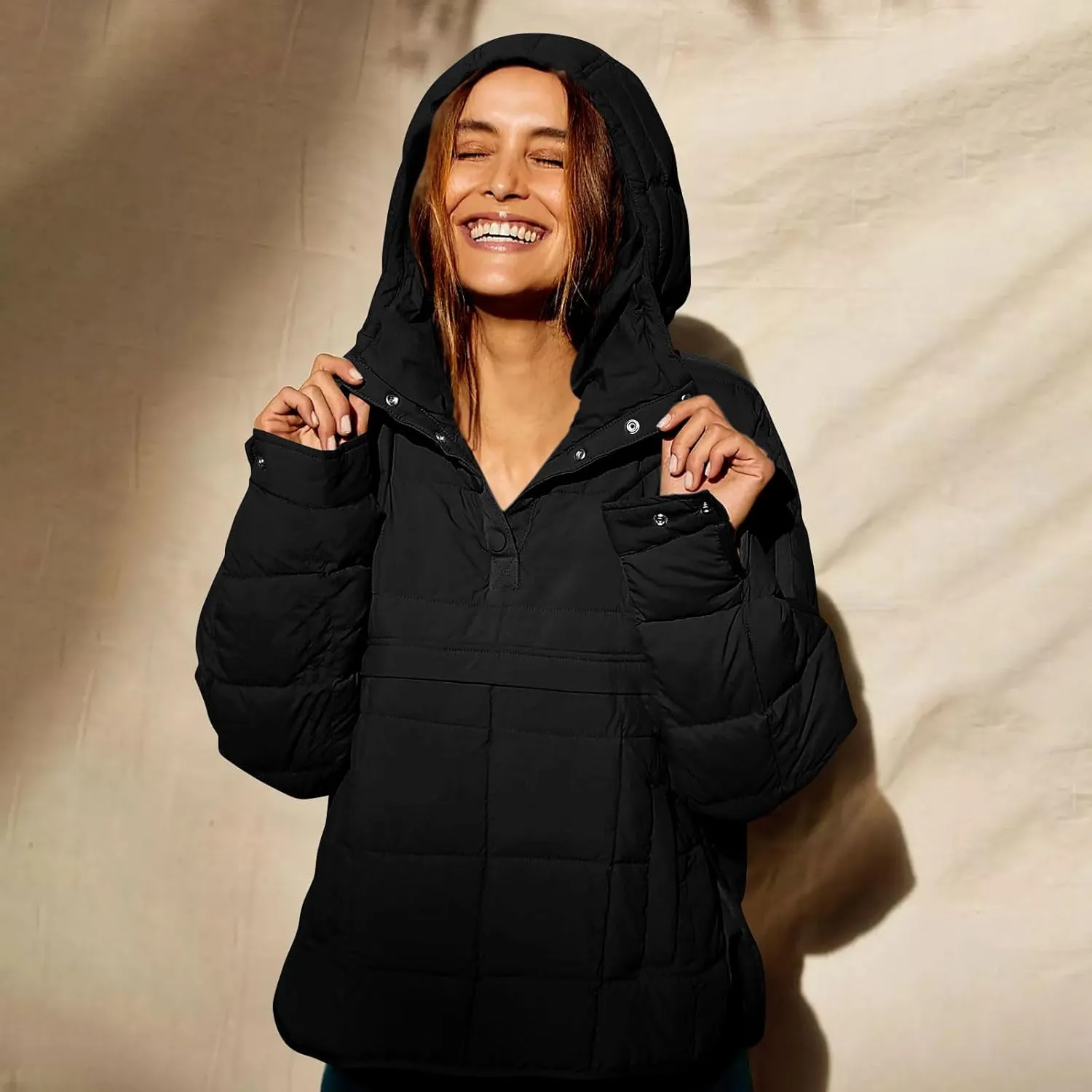 Quilted Jackets for Women Winter Button Hooded Puffer Pullover Jacket Lightweight Down Coats Outerwear with Pockets
