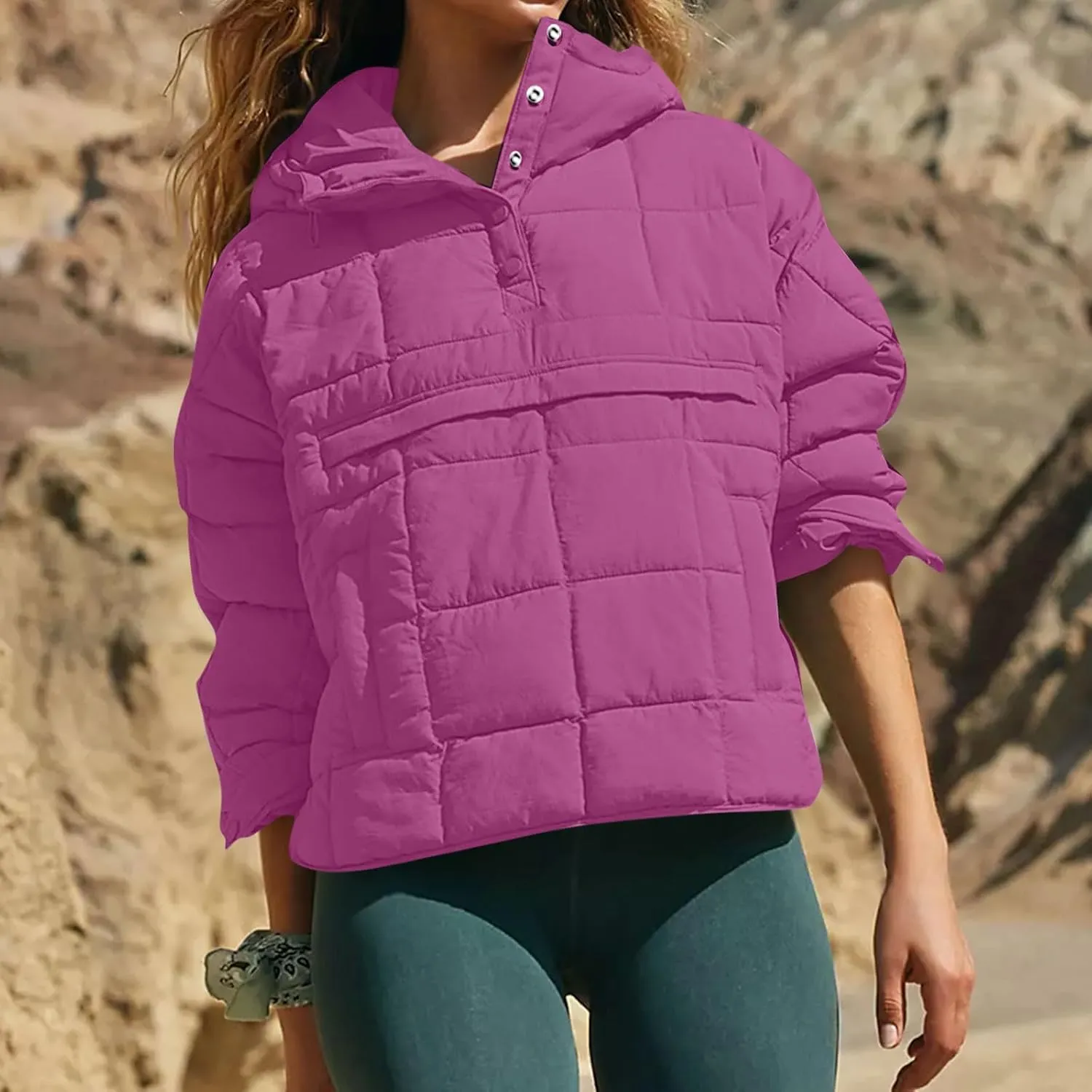 Quilted Jackets for Women Winter Button Hooded Puffer Pullover Jacket Lightweight Down Coats Outerwear with Pockets