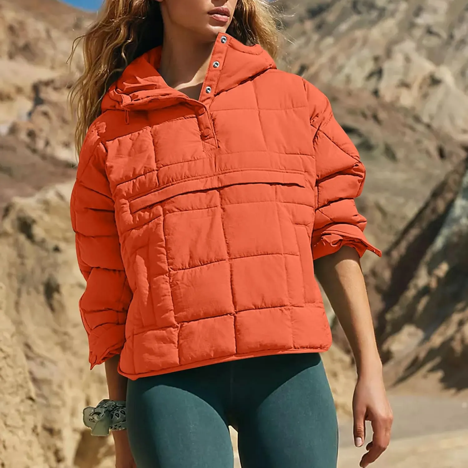 Quilted Jackets for Women Winter Button Hooded Puffer Pullover Jacket Lightweight Down Coats Outerwear with Pockets