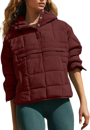 Quilted Jackets for Women Winter Button Hooded Puffer Pullover Jacket Lightweight Down Coats Outerwear with Pockets