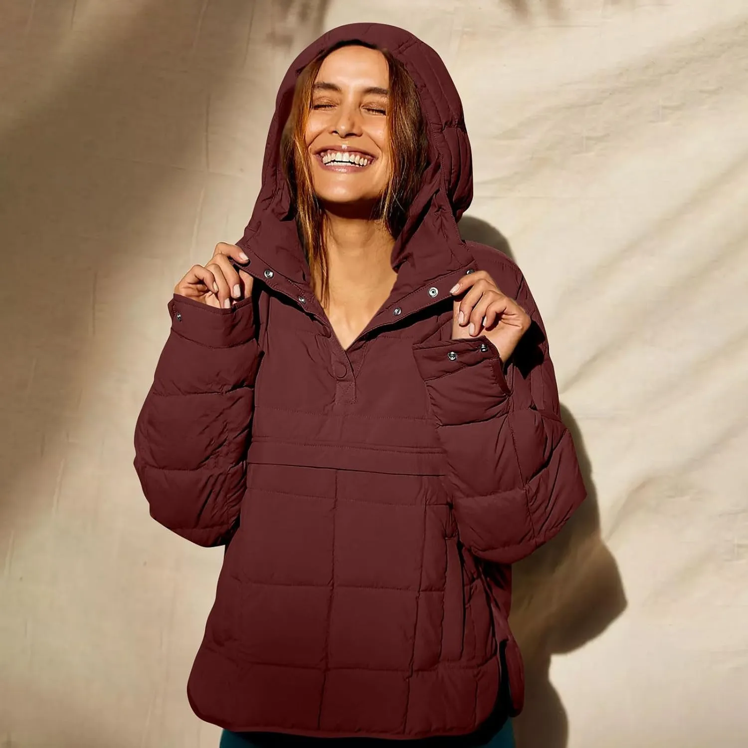 Quilted Jackets for Women Winter Button Hooded Puffer Pullover Jacket Lightweight Down Coats Outerwear with Pockets