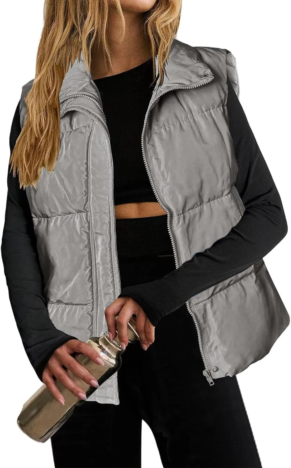 Quilted Vest for Women Lightweight Puffer Vest Warm Winter Coat Full Zip Down Vest Casual Stand Collar Jackets