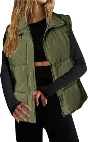 Quilted Vest for Women Lightweight Puffer Vest Warm Winter Coat Full Zip Down Vest Casual Stand Collar Jackets