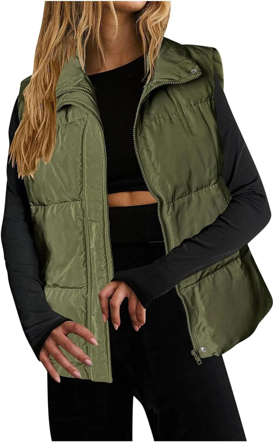 Quilted Vest for Women Lightweight Puffer Vest Warm Winter Coat Full Zip Down Vest Casual Stand Collar Jackets