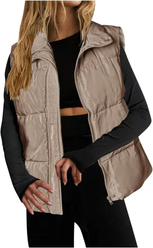 Quilted Vest for Women Lightweight Puffer Vest Warm Winter Coat Full Zip Down Vest Casual Stand Collar Jackets