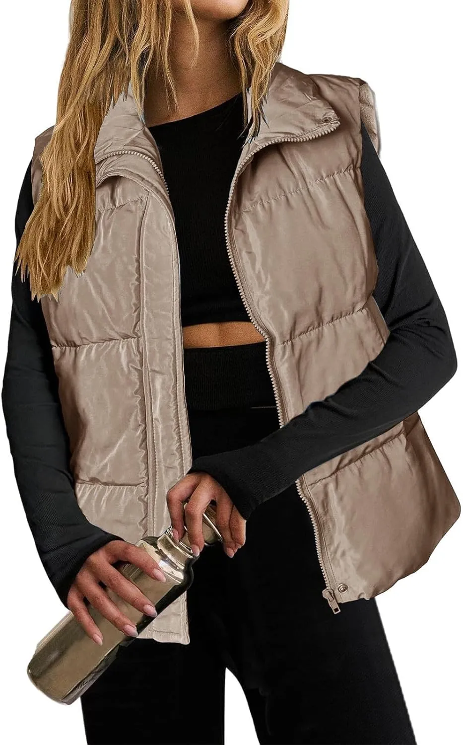Quilted Vest for Women Lightweight Puffer Vest Warm Winter Coat Full Zip Down Vest Casual Stand Collar Jackets