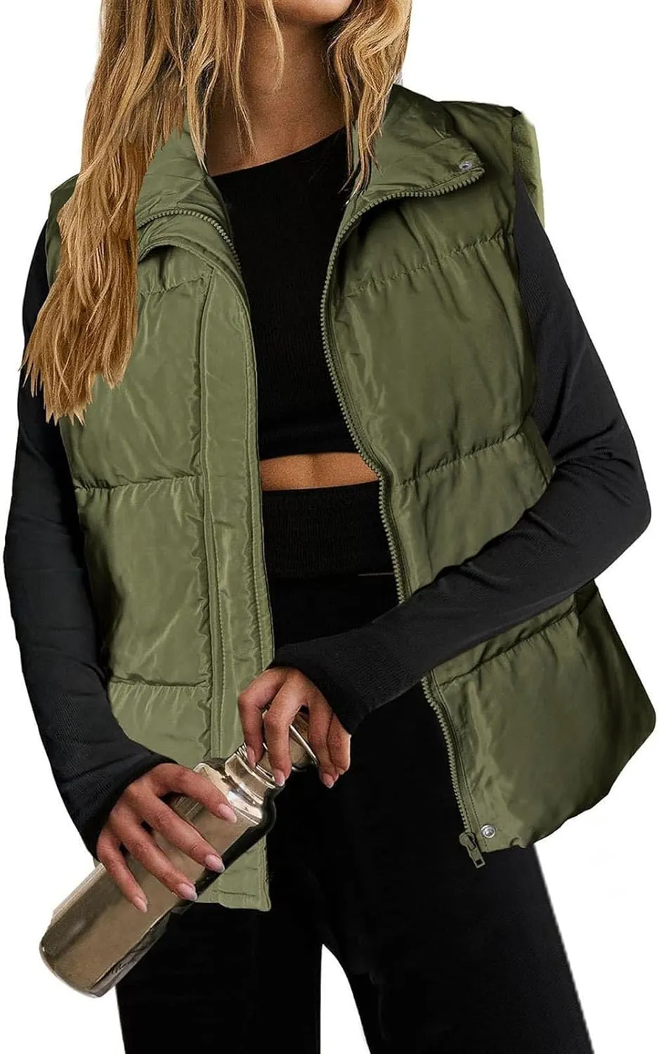 Quilted Vest for Women Lightweight Puffer Vest Warm Winter Coat Full Zip Down Vest Casual Stand Collar Jackets