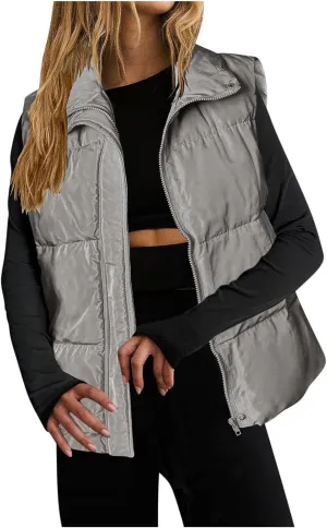 Quilted Vest for Women Lightweight Puffer Vest Warm Winter Coat Full Zip Down Vest Casual Stand Collar Jackets