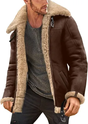 QWENTMTNTY Mens Faux Leather Sherpa Jacket Heavyweight Fleece Lined Casual Winter Faux Fur Coat Warm Bomber Jackets Outwears