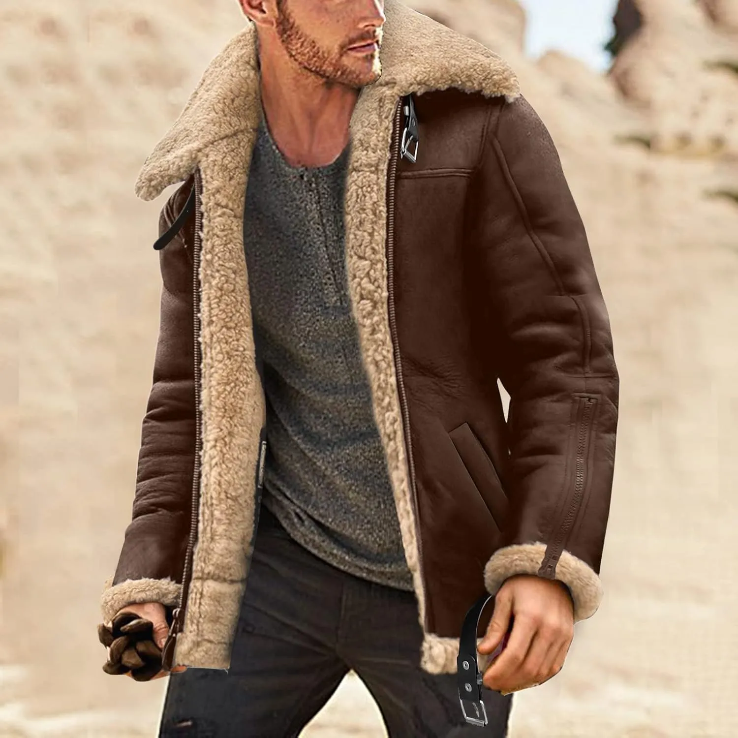QWENTMTNTY Mens Faux Leather Sherpa Jacket Heavyweight Fleece Lined Casual Winter Faux Fur Coat Warm Bomber Jackets Outwears