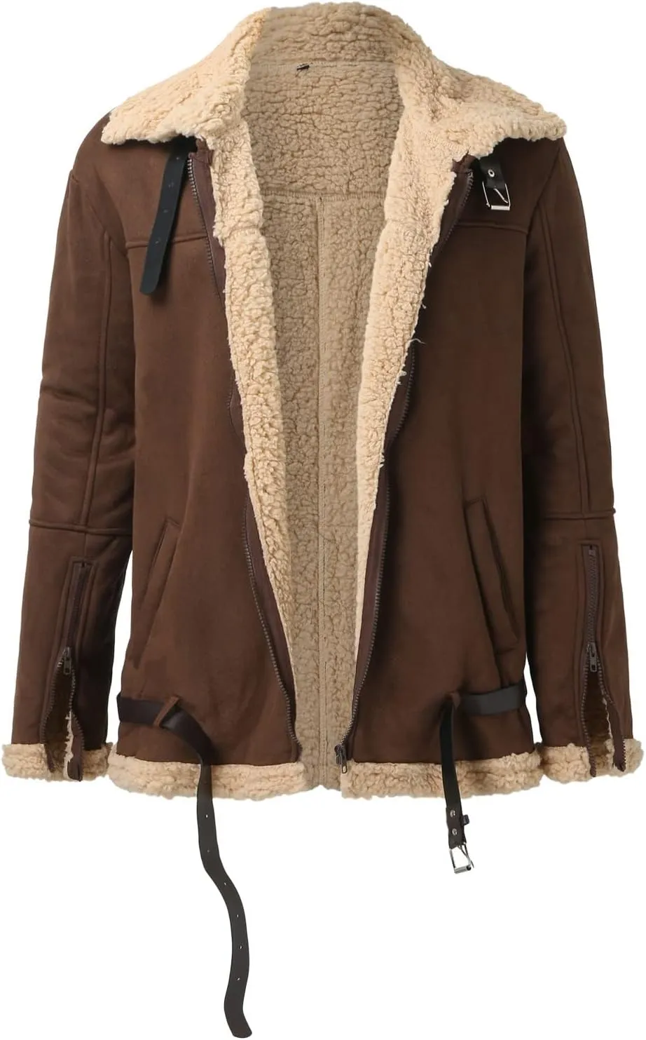 QWENTMTNTY Mens Faux Leather Sherpa Jacket Heavyweight Fleece Lined Casual Winter Faux Fur Coat Warm Bomber Jackets Outwears