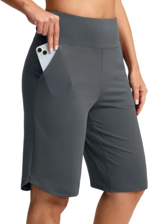 SANTINY 12" Long Bermuda Shorts for Women Knee Length with Pockets High Waisted Stretch Shorts for Summer Walking