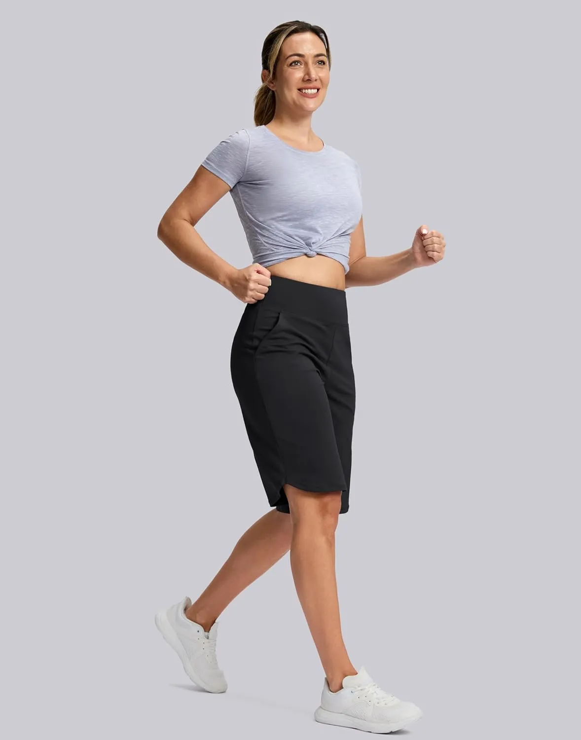 SANTINY 12" Long Bermuda Shorts for Women Knee Length with Pockets High Waisted Stretch Shorts for Summer Walking