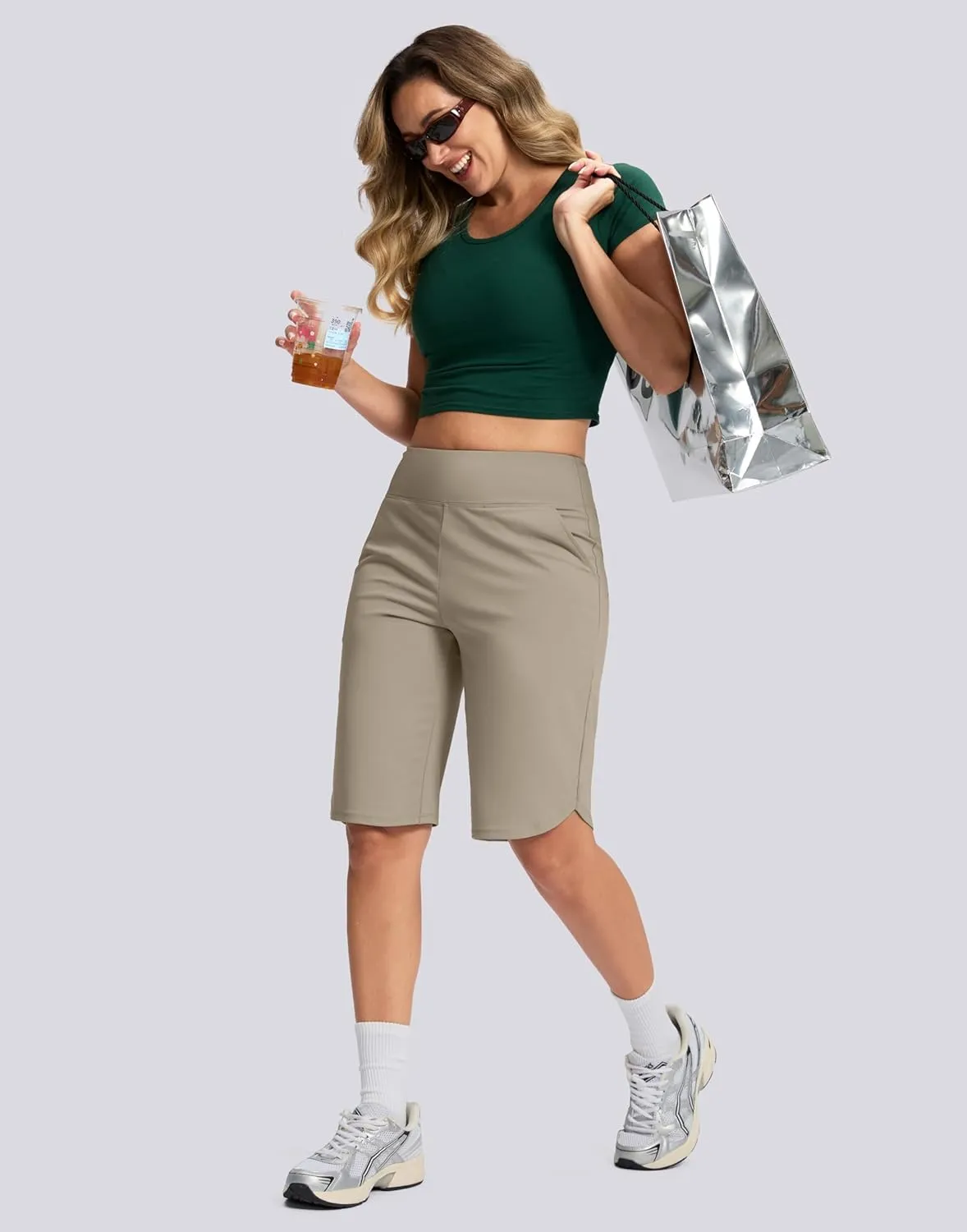 SANTINY 12" Long Bermuda Shorts for Women Knee Length with Pockets High Waisted Stretch Shorts for Summer Walking