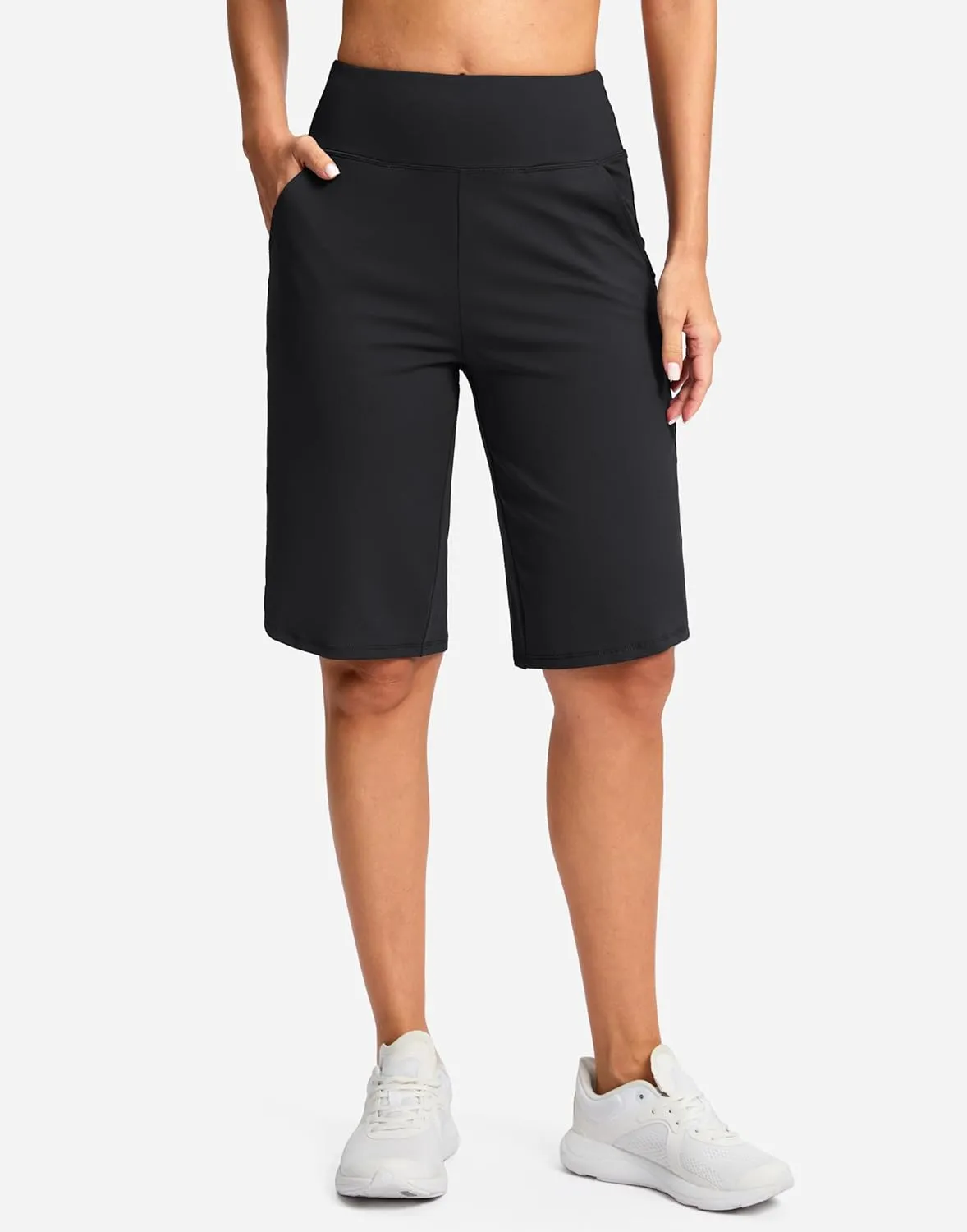SANTINY 12" Long Bermuda Shorts for Women Knee Length with Pockets High Waisted Stretch Shorts for Summer Walking