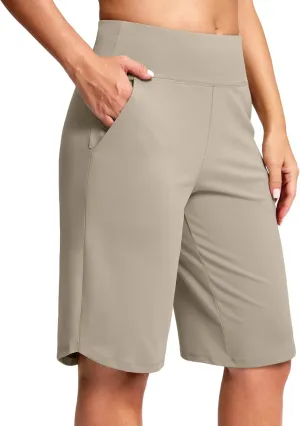 SANTINY 12" Long Bermuda Shorts for Women Knee Length with Pockets High Waisted Stretch Shorts for Summer Walking