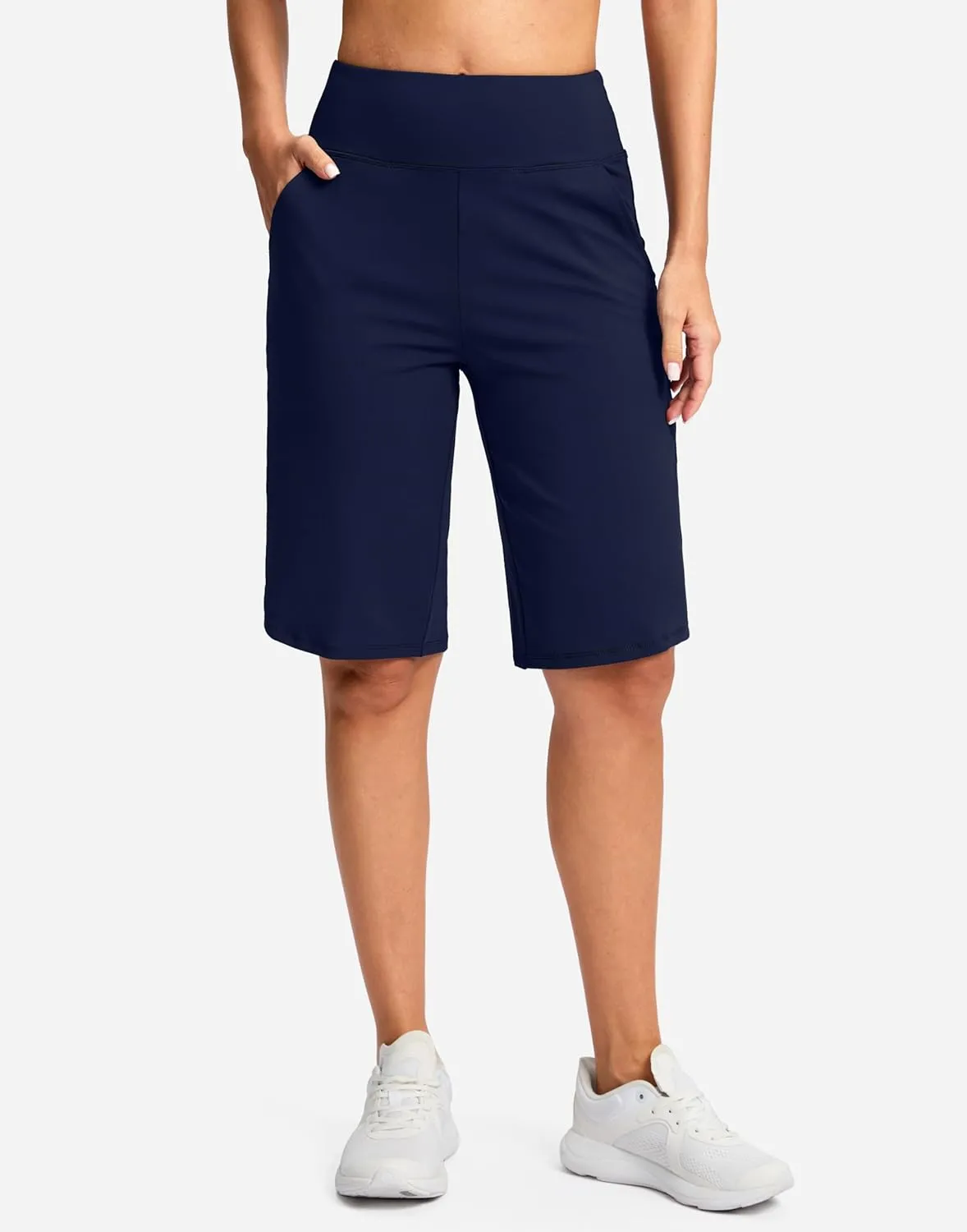 SANTINY 12" Long Bermuda Shorts for Women Knee Length with Pockets High Waisted Stretch Shorts for Summer Walking