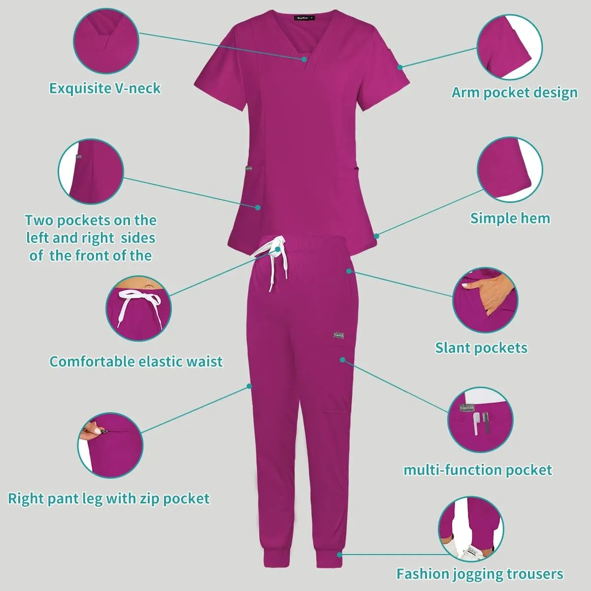 Scrub Set for Women Medical Nursing Uniform Natural Stretch Premium Modern Neck Top & Scrub Jogger Pants