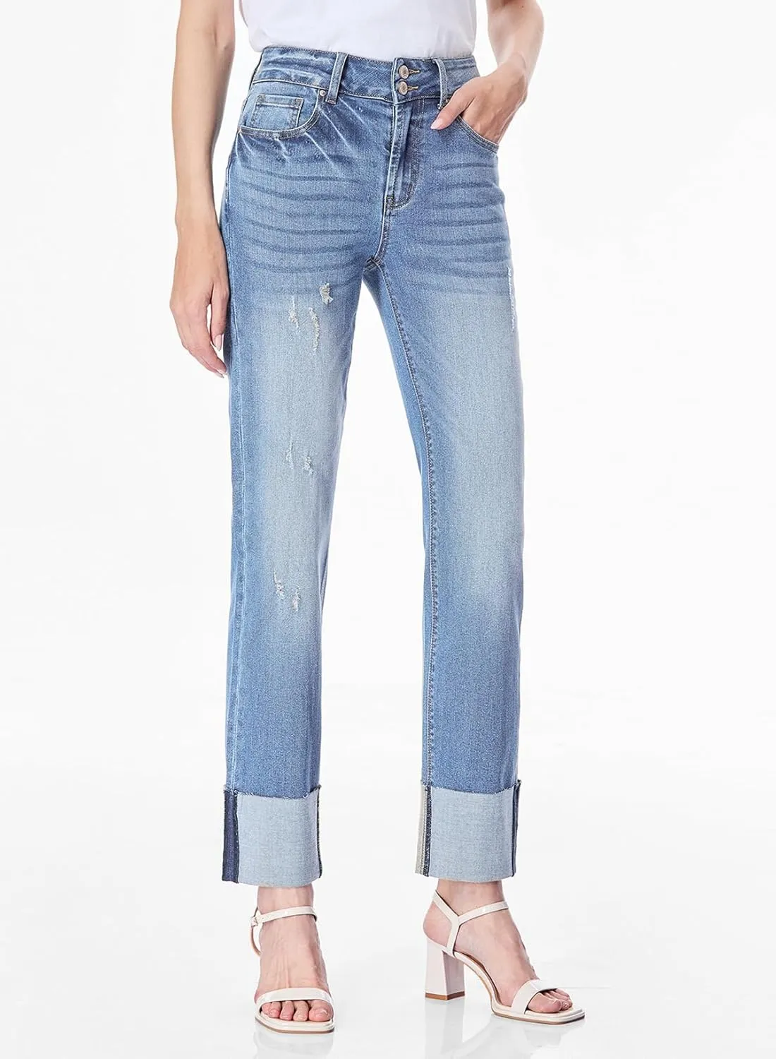 Sidefeel Women's High Waisted Tummy Control Jeans Cuffed Boyfriend Straight Leg Two Buttons Ripped Denim Pants