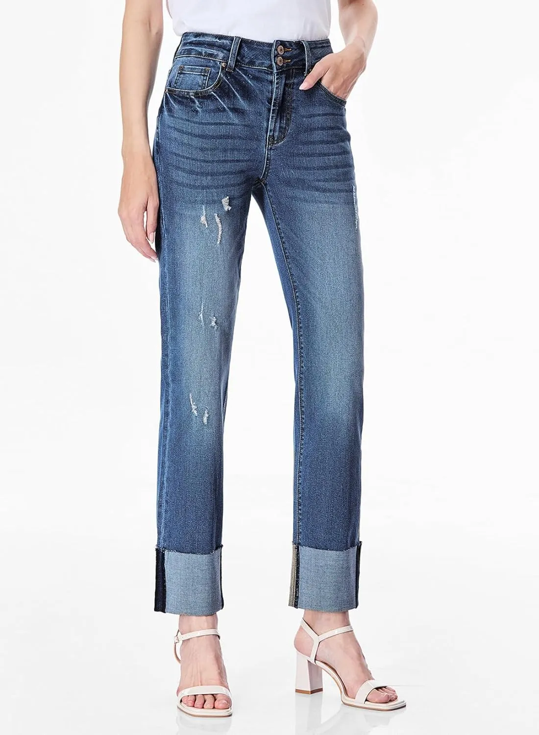 Sidefeel Women's High Waisted Tummy Control Jeans Cuffed Boyfriend Straight Leg Two Buttons Ripped Denim Pants
