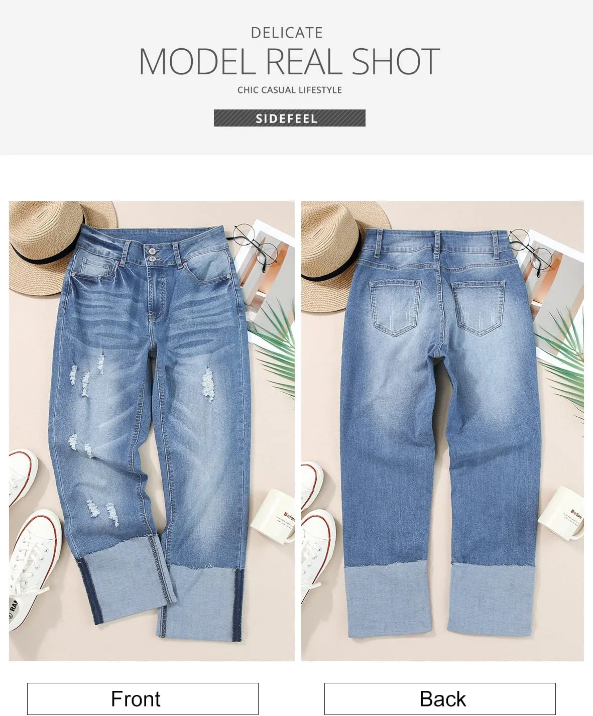 Sidefeel Women's High Waisted Tummy Control Jeans Cuffed Boyfriend Straight Leg Two Buttons Ripped Denim Pants