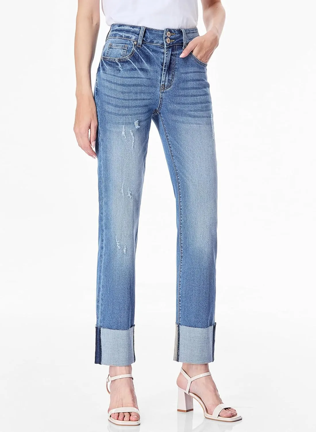 Sidefeel Women's High Waisted Tummy Control Jeans Cuffed Boyfriend Straight Leg Two Buttons Ripped Denim Pants