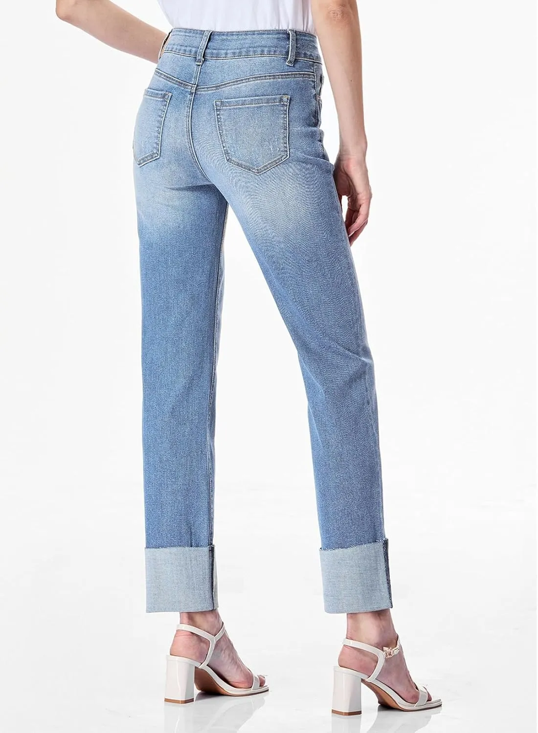 Sidefeel Women's High Waisted Tummy Control Jeans Cuffed Boyfriend Straight Leg Two Buttons Ripped Denim Pants