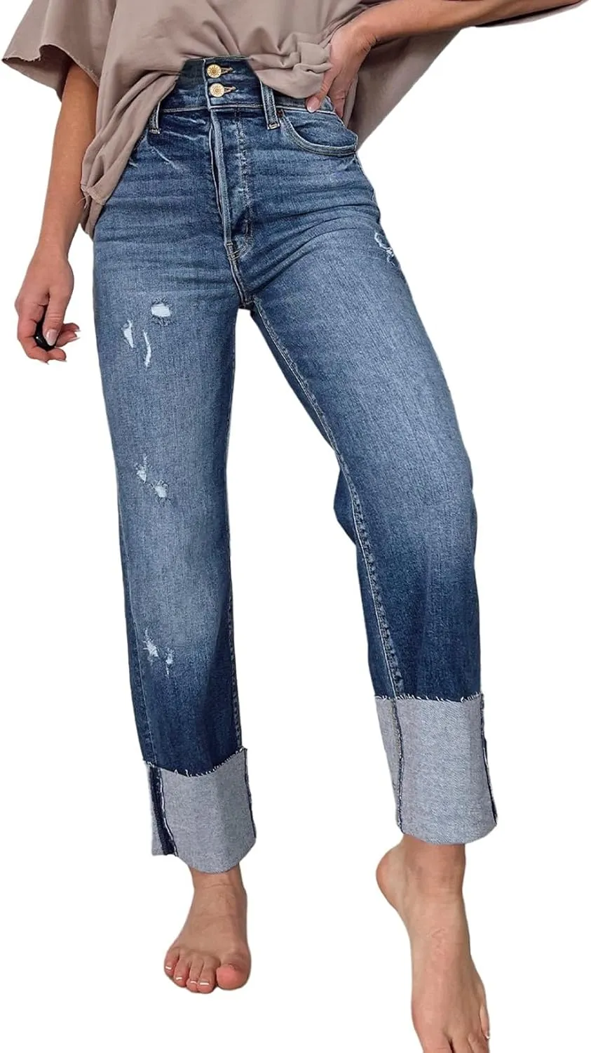 Sidefeel Women's High Waisted Tummy Control Jeans Cuffed Boyfriend Straight Leg Two Buttons Ripped Denim Pants