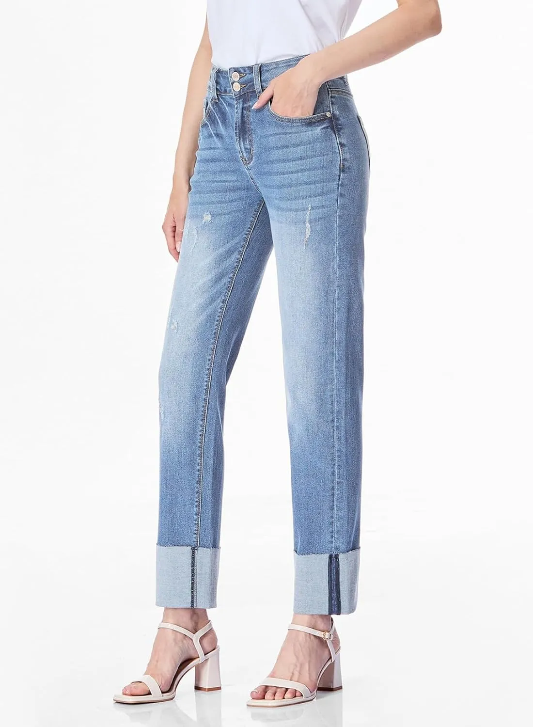Sidefeel Women's High Waisted Tummy Control Jeans Cuffed Boyfriend Straight Leg Two Buttons Ripped Denim Pants