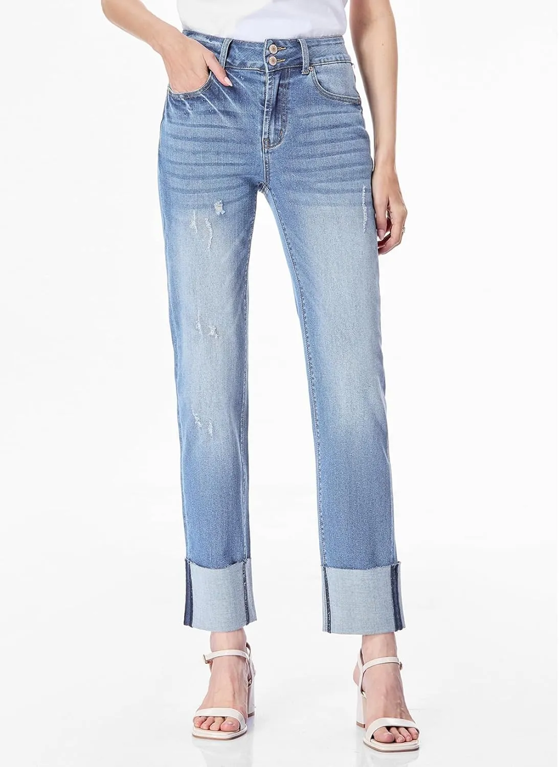 Sidefeel Women's High Waisted Tummy Control Jeans Cuffed Boyfriend Straight Leg Two Buttons Ripped Denim Pants