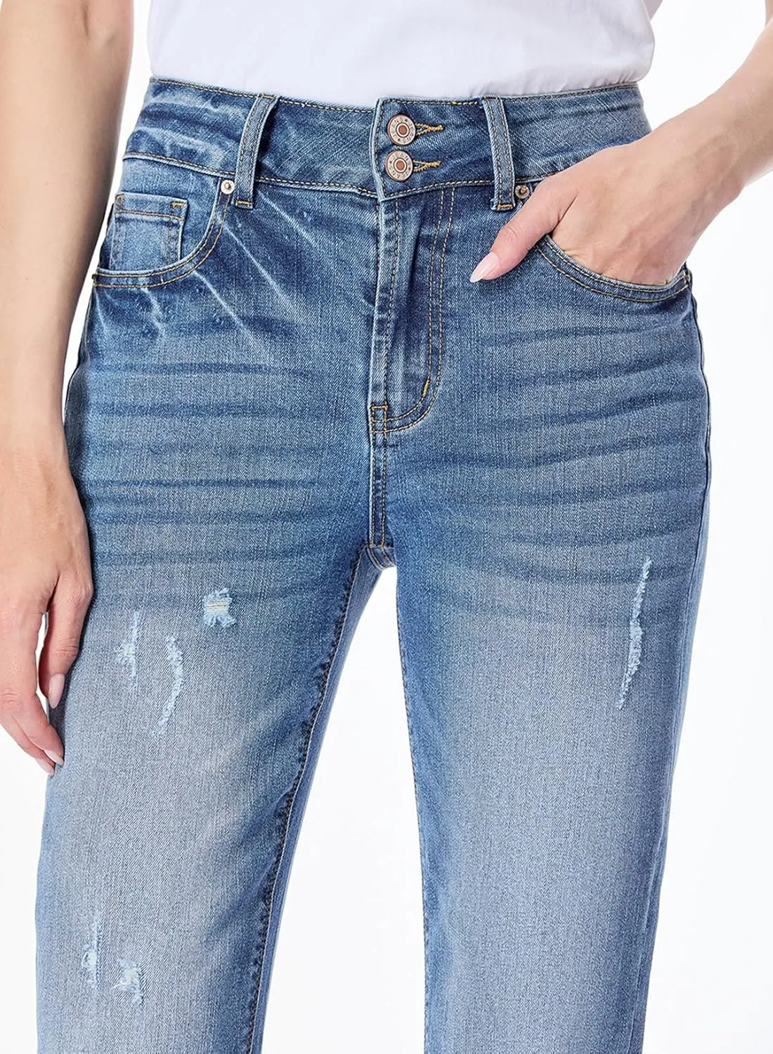 Sidefeel Women's High Waisted Tummy Control Jeans Cuffed Boyfriend Straight Leg Two Buttons Ripped Denim Pants