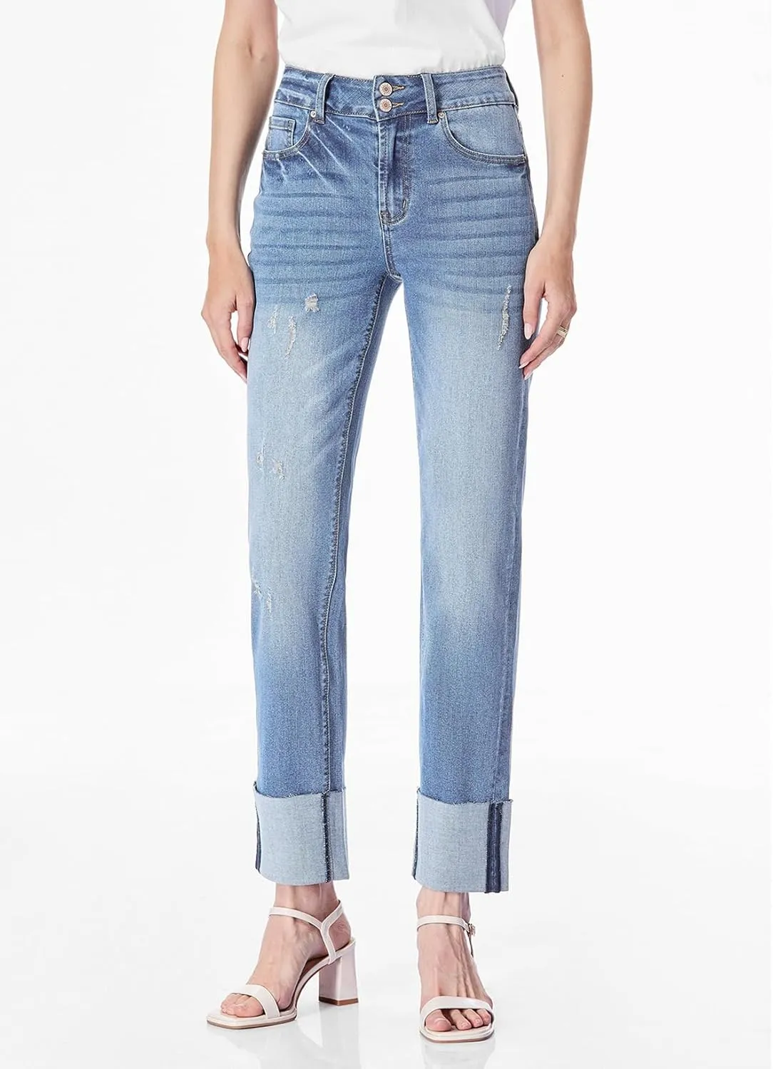 Sidefeel Women's High Waisted Tummy Control Jeans Cuffed Boyfriend Straight Leg Two Buttons Ripped Denim Pants