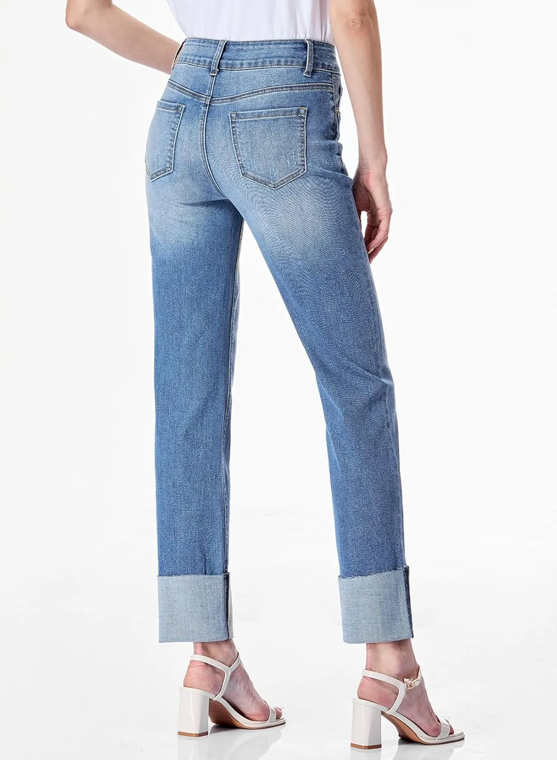 Sidefeel Women's High Waisted Tummy Control Jeans Cuffed Boyfriend Straight Leg Two Buttons Ripped Denim Pants