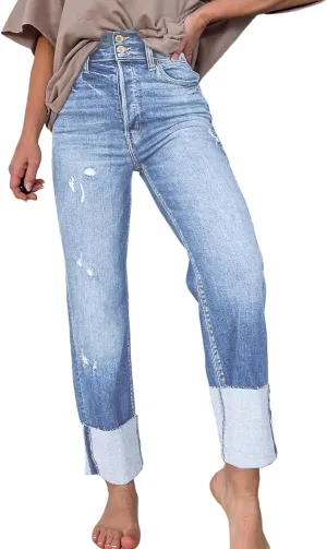 Sidefeel Women's High Waisted Tummy Control Jeans Cuffed Boyfriend Straight Leg Two Buttons Ripped Denim Pants