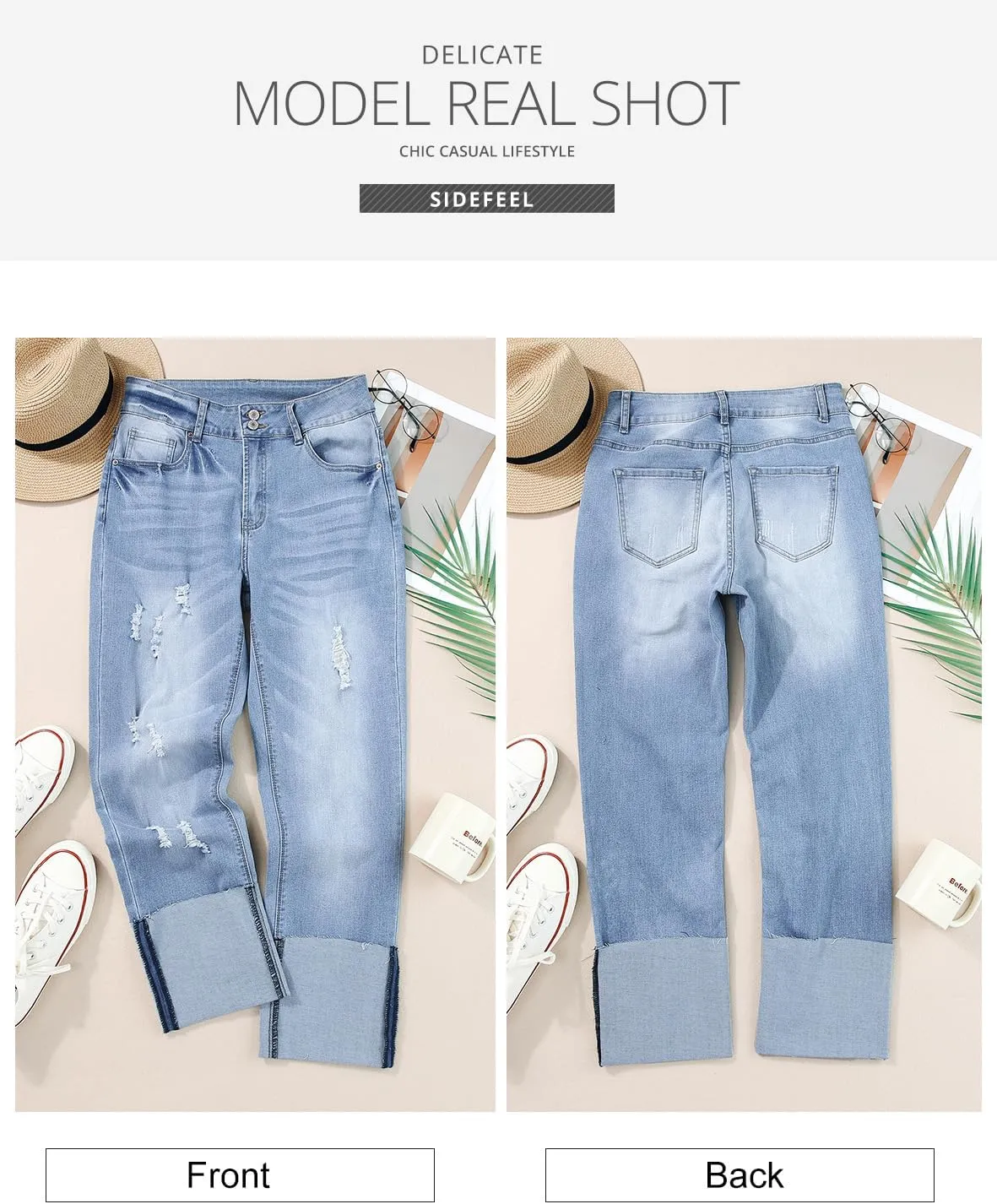 Sidefeel Women's High Waisted Tummy Control Jeans Cuffed Boyfriend Straight Leg Two Buttons Ripped Denim Pants