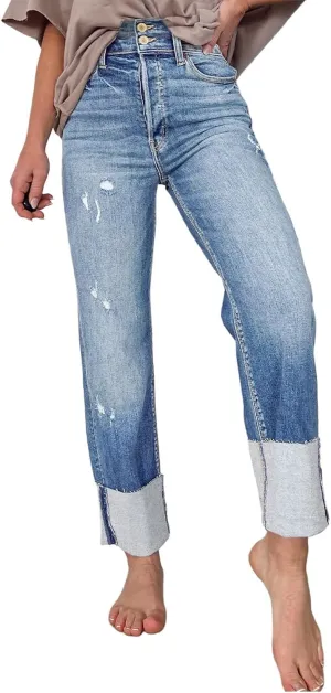 Sidefeel Women's High Waisted Tummy Control Jeans Cuffed Boyfriend Straight Leg Two Buttons Ripped Denim Pants