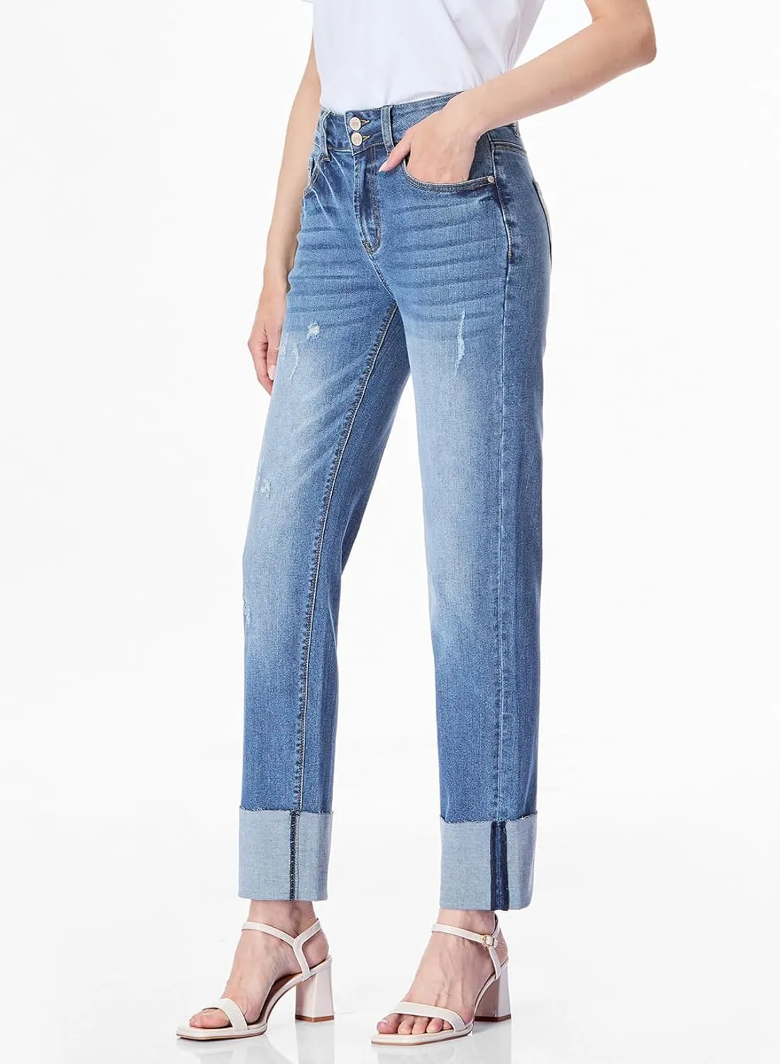 Sidefeel Women's High Waisted Tummy Control Jeans Cuffed Boyfriend Straight Leg Two Buttons Ripped Denim Pants