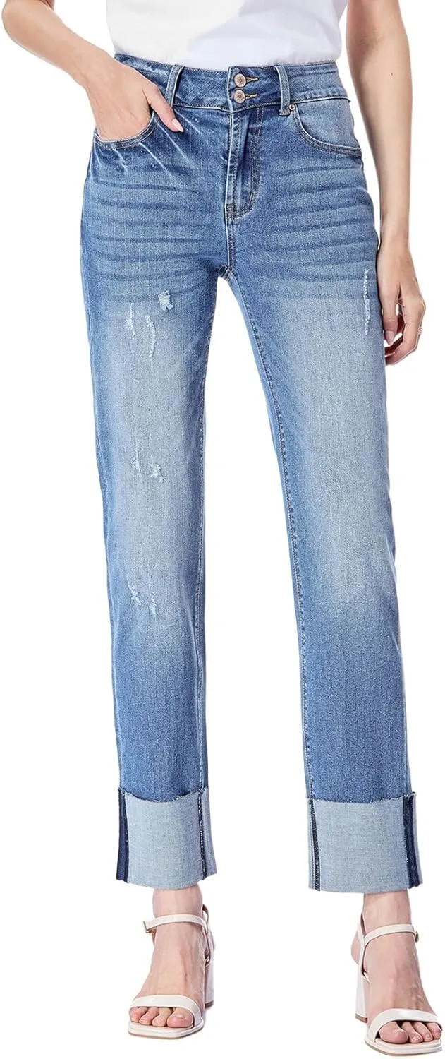 Sidefeel Women's High Waisted Tummy Control Jeans Cuffed Boyfriend Straight Leg Two Buttons Ripped Denim Pants