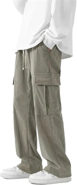 Solid Corduroy Pants Ins Trendy Style Elastic Waist Men's Wide Leg Straight Harajuku Trousers Long Baggy Casual