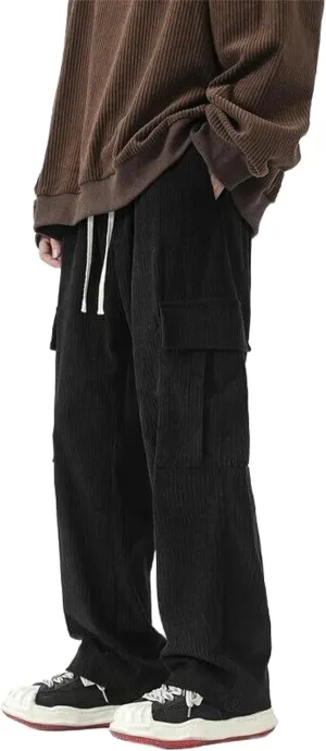 Solid Corduroy Pants Ins Trendy Style Elastic Waist Men's Wide Leg Straight Harajuku Trousers Long Baggy Casual